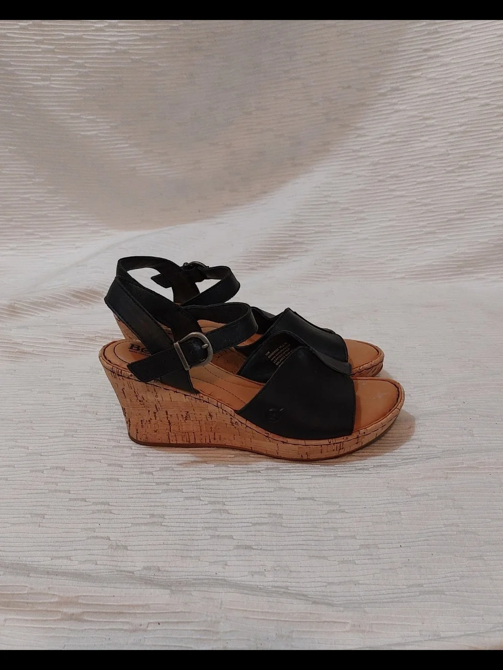 Born Black Leather Wedge Sandals with Cork Heel Women's Size 10M
